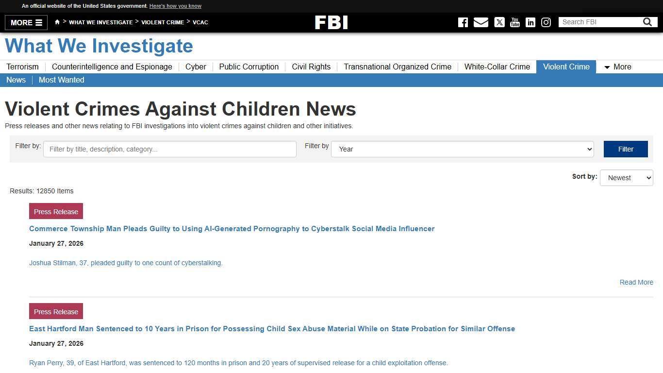 Violent Crimes Against Children News — FBI